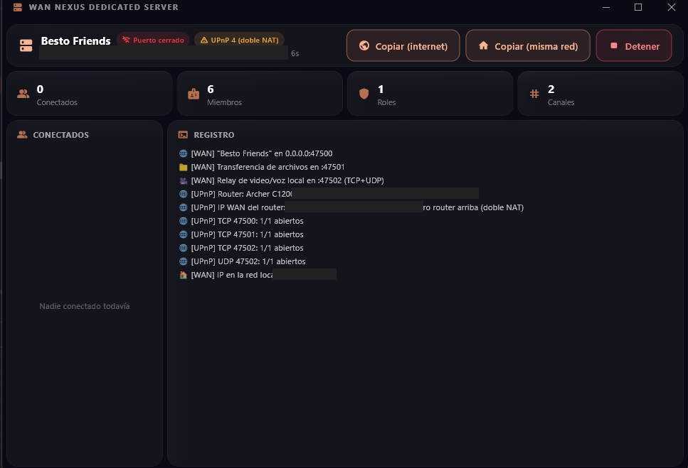 WAN NEXUS dedicated server interface with community members, roles, channels and connection logs
